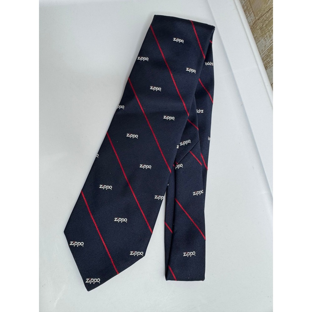 Vintage Navy Blue Red Stripe Mens Neck Tie Polyester‎ Zippo Logo